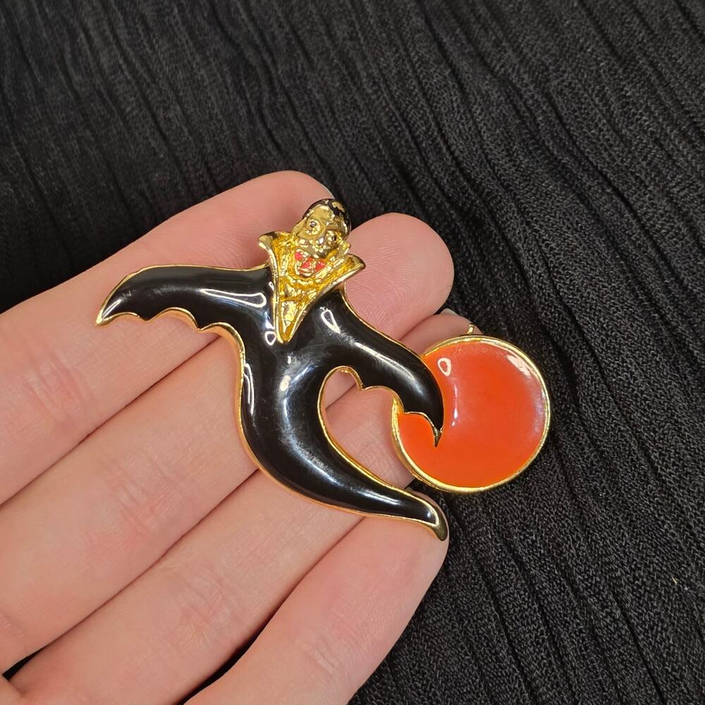 Vintage Halloween Dracula Vampire Brooch Black Enamel Orange Moon Pin